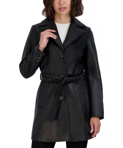 Women's Nicole Belted Leather Trench Coat Black $197.80 Coats