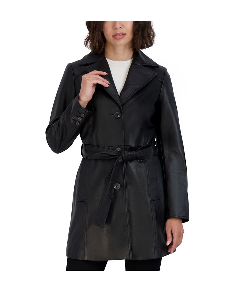 Women's Nicole Belted Leather Trench Coat Black $197.80 Coats