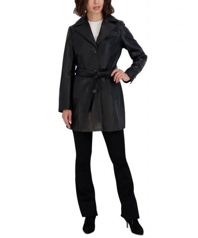 Women's Nicole Belted Leather Trench Coat Black $197.80 Coats