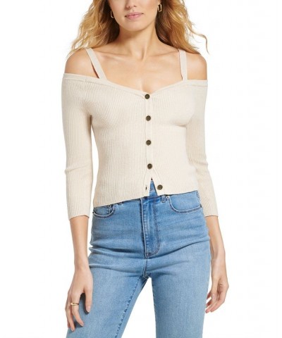 Women's Long-Sleeve Button-Front Cold-Shoulder Sweater Tan/Beige $46.28 Sweaters