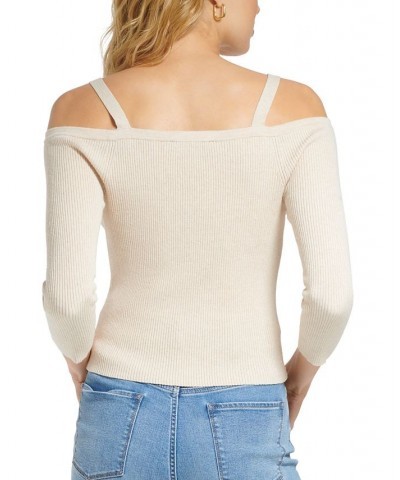 Women's Long-Sleeve Button-Front Cold-Shoulder Sweater Tan/Beige $46.28 Sweaters