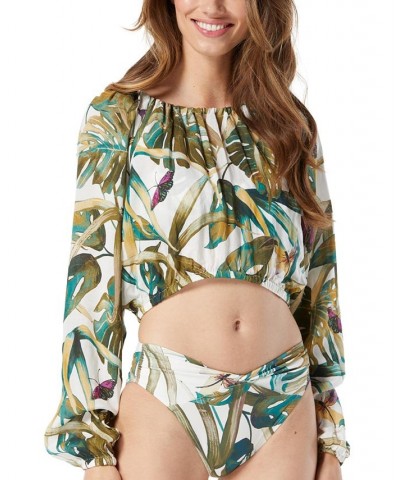 Women's Printed Long-Sleeve Cropped Swim Top Ivory $44.72 Swimsuits