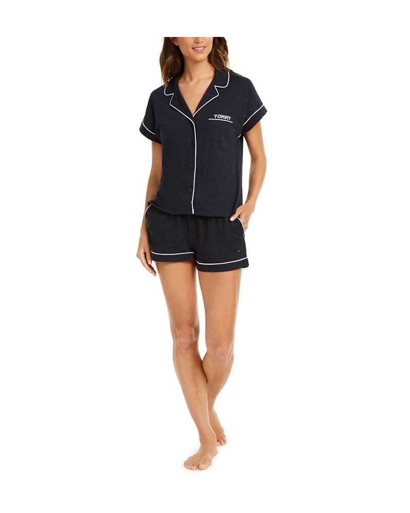 Printed Shirt and Shorts Pajama Set Blue $34.68 Sleepwear