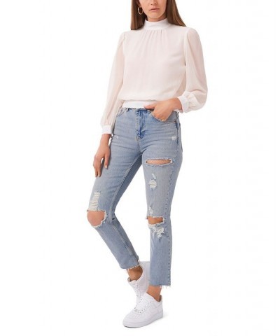 Women's Long Sleeve Cropped Mock Neck Blouse White $32.72 Tops