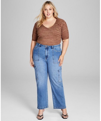 Trendy Plus Size Shacket Puff-Sleeve Top & Utility Jeans $18.13 Jeans