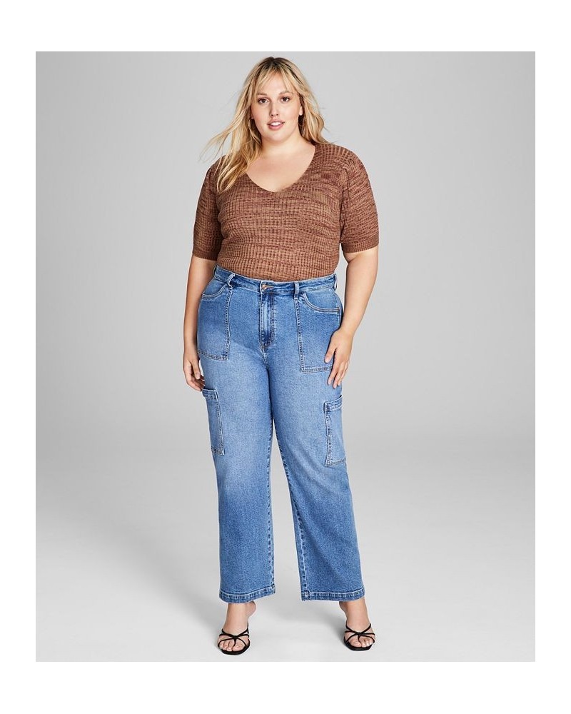 Trendy Plus Size Shacket Puff-Sleeve Top & Utility Jeans $18.13 Jeans