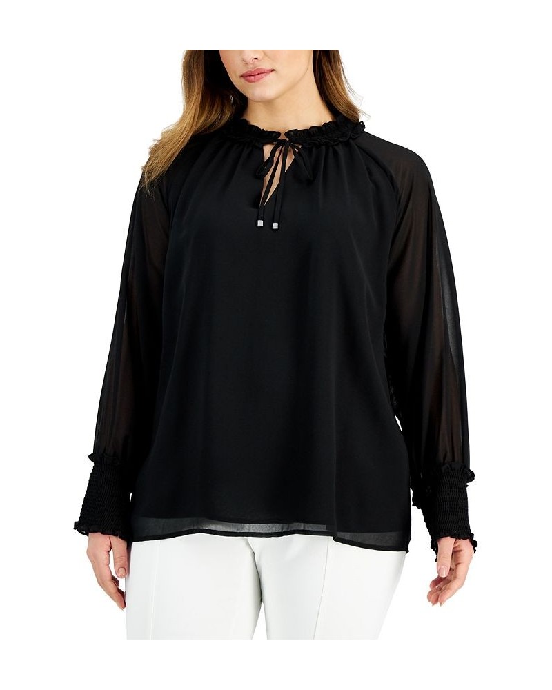 Plus Size Ruffled Tie-Neck Top Black $29.30 Tops