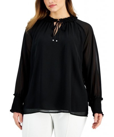 Plus Size Ruffled Tie-Neck Top Black $29.30 Tops