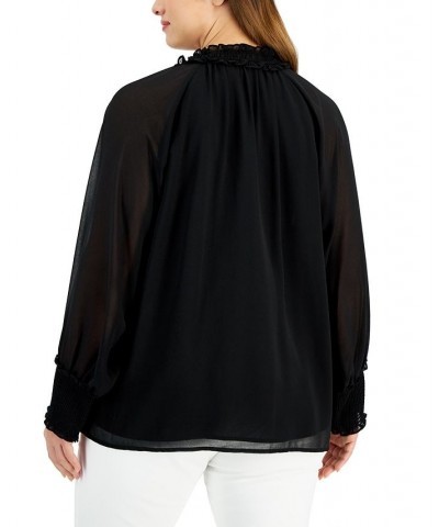 Plus Size Ruffled Tie-Neck Top Black $29.30 Tops