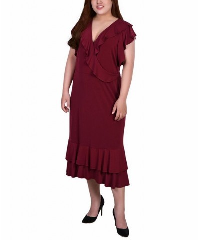 Plus Size Short Flutter Sleeve Ruffle Neck Dress Deep Burgundy $17.70 Dresses