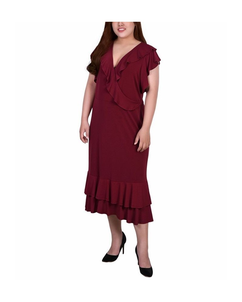 Plus Size Short Flutter Sleeve Ruffle Neck Dress Deep Burgundy $17.70 Dresses