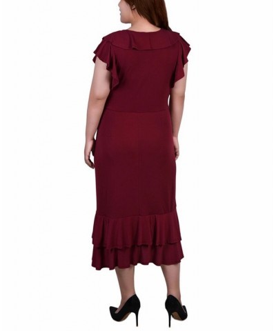 Plus Size Short Flutter Sleeve Ruffle Neck Dress Deep Burgundy $17.70 Dresses