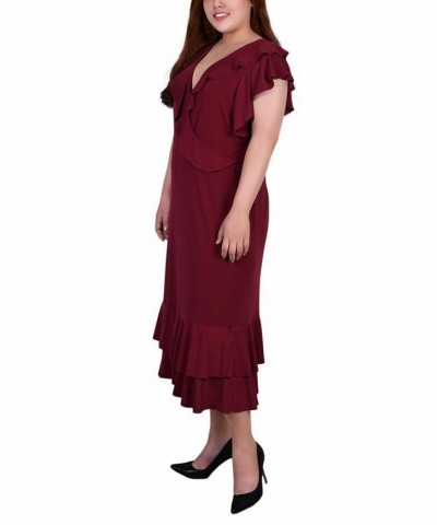 Plus Size Short Flutter Sleeve Ruffle Neck Dress Deep Burgundy $17.70 Dresses