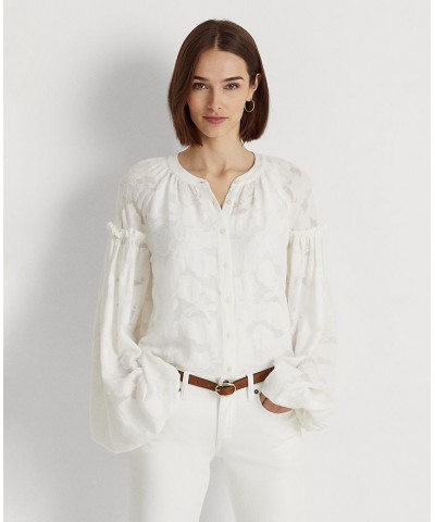 Women's Floral Jacquard Blouson-Sleeve Shirt White $59.50 Tops