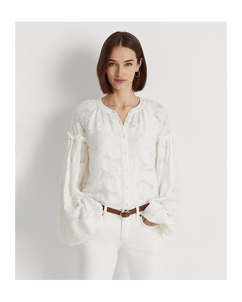 Women's Floral Jacquard Blouson-Sleeve Shirt White $59.50 Tops