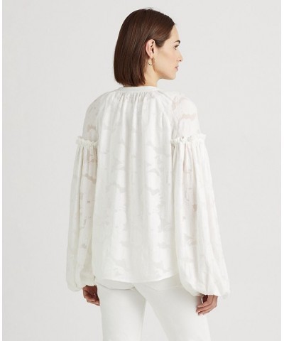 Women's Floral Jacquard Blouson-Sleeve Shirt White $59.50 Tops