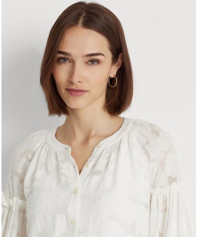 Women's Floral Jacquard Blouson-Sleeve Shirt White $59.50 Tops