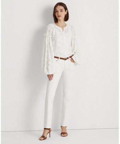 Women's Floral Jacquard Blouson-Sleeve Shirt White $59.50 Tops