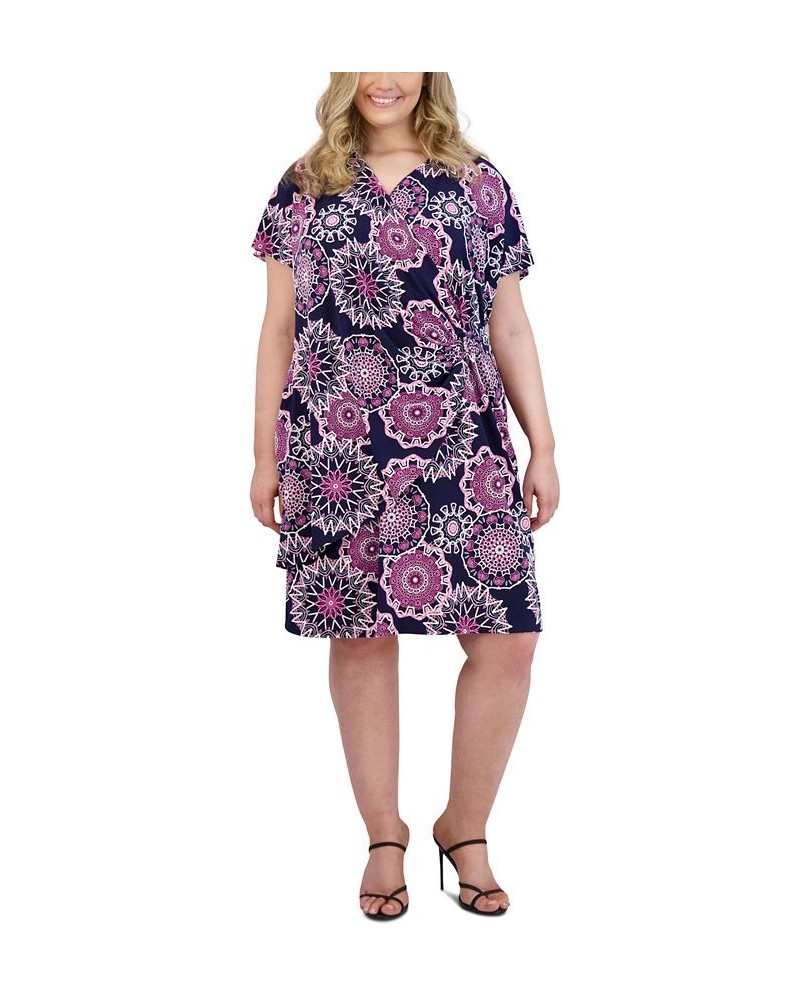 Plus Size Printed Faux-Wrap Dress Black/Pink $20.09 Dresses