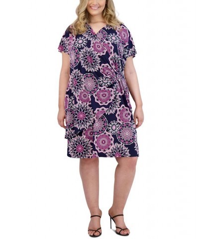 Plus Size Printed Faux-Wrap Dress Black/Pink $20.09 Dresses