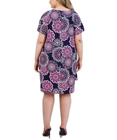 Plus Size Printed Faux-Wrap Dress Black/Pink $20.09 Dresses