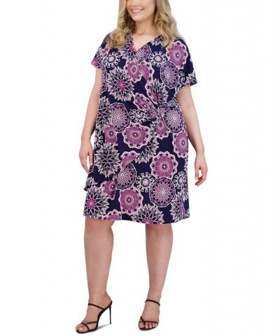 Plus Size Printed Faux-Wrap Dress Black/Pink $20.09 Dresses