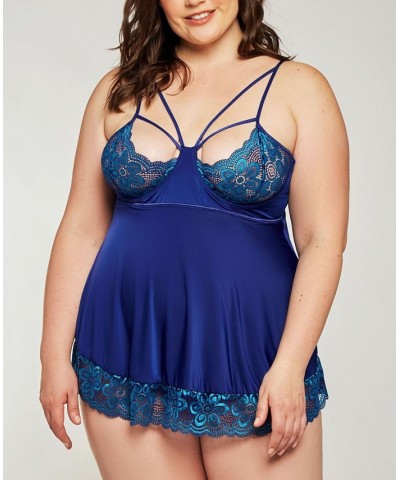 Plus Size Daisy Lace Caged Babydoll Lingerie Nightgown Blue $25.20 Lingerie