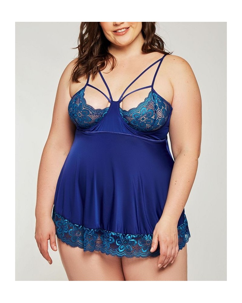 Plus Size Daisy Lace Caged Babydoll Lingerie Nightgown Blue $25.20 Lingerie