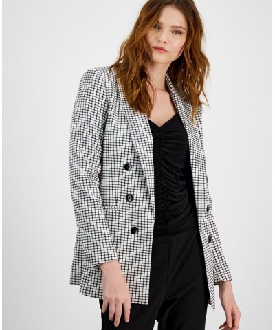 Women's Mini-Check-Print Faux-Double-Breasted Jacket White $44.70 Jackets