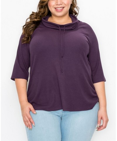 Plus Size Baby Thermal Cowl Neck Side Ruched Top Purple $25.97 Tops
