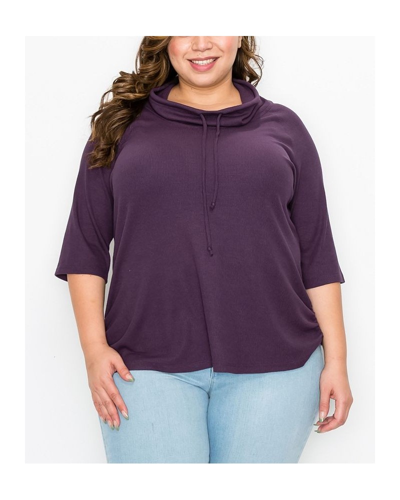 Plus Size Baby Thermal Cowl Neck Side Ruched Top Purple $25.97 Tops