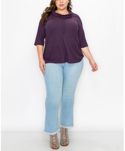 Plus Size Baby Thermal Cowl Neck Side Ruched Top Purple $25.97 Tops