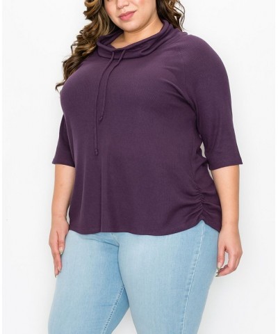 Plus Size Baby Thermal Cowl Neck Side Ruched Top Purple $25.97 Tops