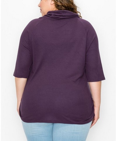 Plus Size Baby Thermal Cowl Neck Side Ruched Top Purple $25.97 Tops