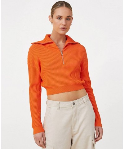 Women's Crop Rib Zip Collar Sweater Orange $25.80 Sweaters