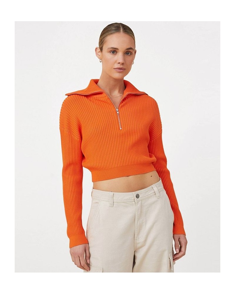 Women's Crop Rib Zip Collar Sweater Orange $25.80 Sweaters