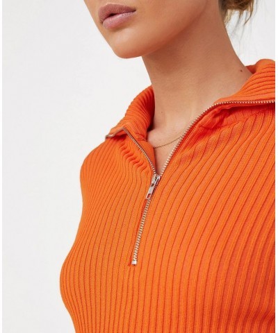 Women's Crop Rib Zip Collar Sweater Orange $25.80 Sweaters