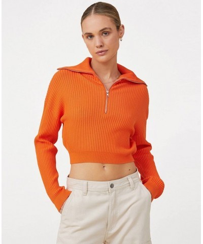 Women's Crop Rib Zip Collar Sweater Orange $25.80 Sweaters