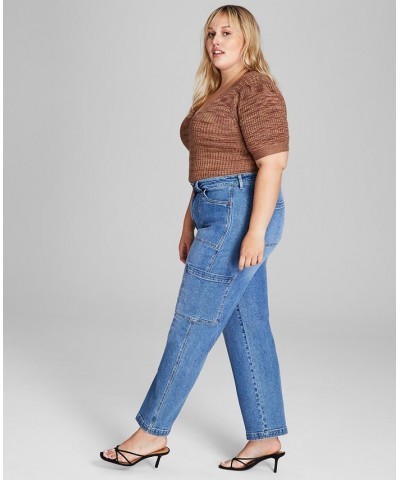 Trendy Plus Size Shacket Puff-Sleeve Top & Utility Jeans $18.13 Jeans