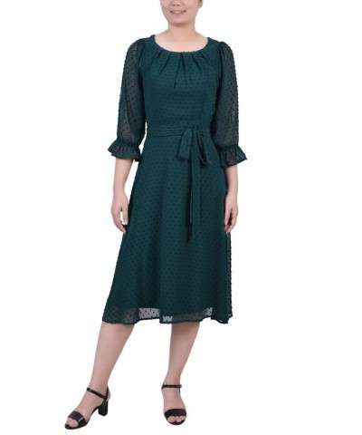 Women's 3/4 Sleeve Belted Swiss Dot Dress Green $22.23 Dresses
