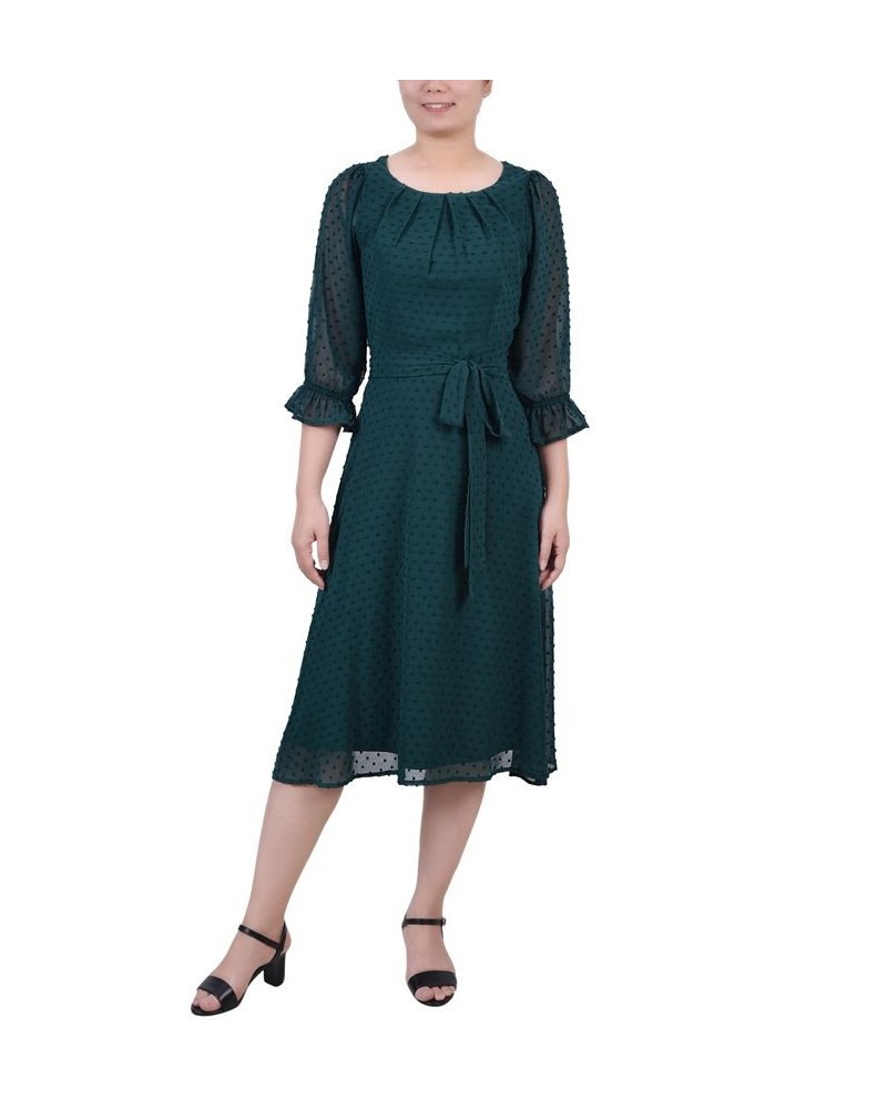 Women's 3/4 Sleeve Belted Swiss Dot Dress Green $22.23 Dresses