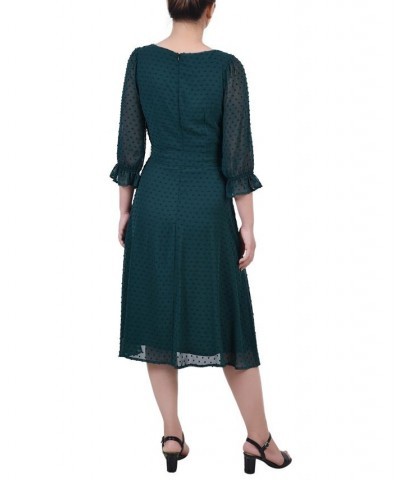 Women's 3/4 Sleeve Belted Swiss Dot Dress Green $22.23 Dresses