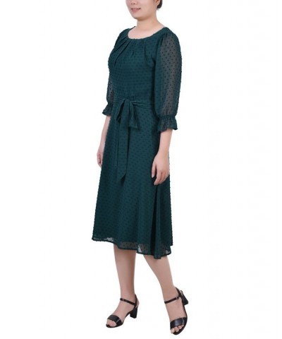 Women's 3/4 Sleeve Belted Swiss Dot Dress Green $22.23 Dresses