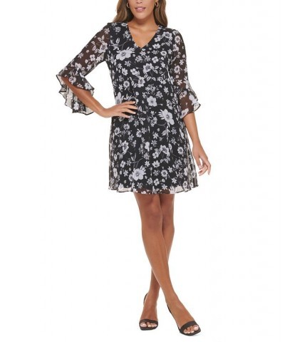 Petite Chiffon Ruffled-Cuff Shift Dress Black/Cream $49.02 Dresses