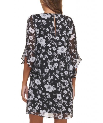 Petite Chiffon Ruffled-Cuff Shift Dress Black/Cream $49.02 Dresses