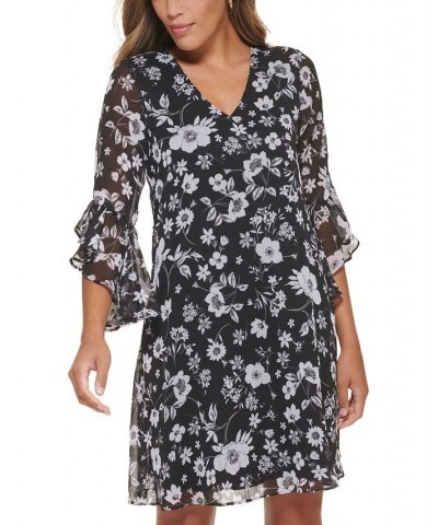 Petite Chiffon Ruffled-Cuff Shift Dress Black/Cream $49.02 Dresses