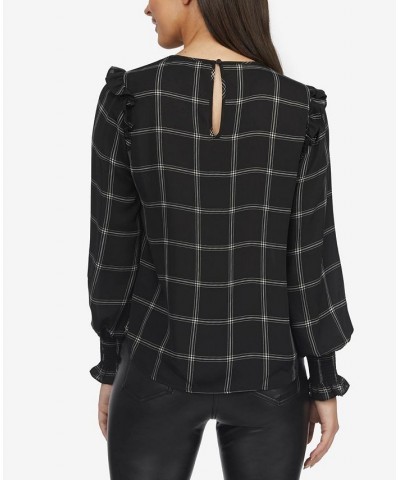 Women's Blouse with Plaid Ruffled Shoulders Multi $25.07 Tops