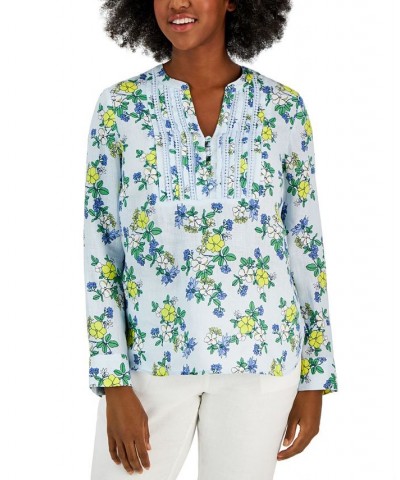 Women's Linen Printed Split-Neck Tunic Cerulean Sky Combo $29.35 Tops