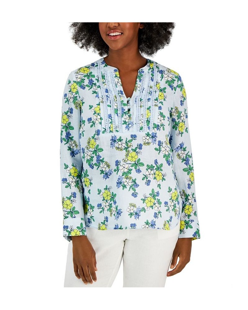 Women's Linen Printed Split-Neck Tunic Cerulean Sky Combo $29.35 Tops