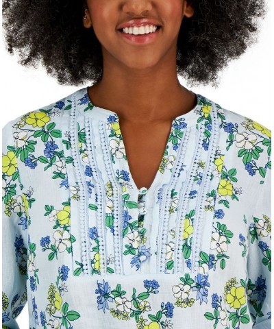 Women's Linen Printed Split-Neck Tunic Cerulean Sky Combo $29.35 Tops